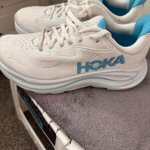 Hoka White and Aqua Performance Running Sneakers